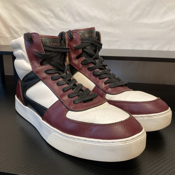 COACH Men's Dave High Top Casual High Top Shoes Size 12D Black- White- Burgundy - Picture 1 of 13